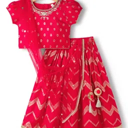 Babyhug Brocade Woven Puff Sleeves Choli Lehenga & Dupatta Set with Floral Foil Print - Red-picture-19