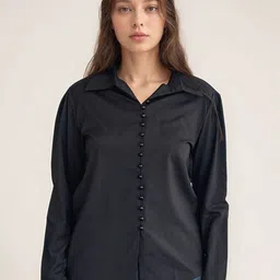 Outzidr Women Shirt Collar Solid Black Top-picture-25