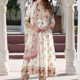 Jaitpuriya Floral Printed Pleated Pure Cotton Anarkali Kurta With Trousers & Dupatta-picture-7