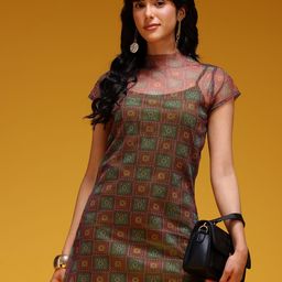 HERE&NOW Printed Sheer Dress with Camisole-image-89