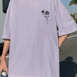 Rigo Oversized Light Purple Loose Fit Print Crew T-Shirt-image-41