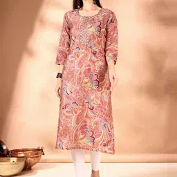 KUNDAN FAB Floral Printed Thread Work Cotton Straight Kurta-image-4