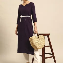 Sangria Women Sequinned Striped Kurta with Belt-image-59
