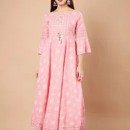 Anouk Women Floral Print Gathered or Pleated Tie-Up Neck Bell Sleeves Cotton Maxi Dress-picture-16