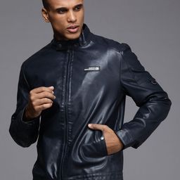 WROGN Men Navy Blue Solid Slim Fit Biker Jacket-image-38