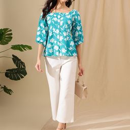 HERE&NOW Floral Print Puff Sleeve Pure Cotton Shirt Style Top-image-89