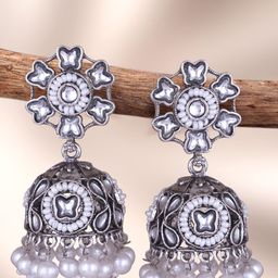 DIVASTRI Silver-Plated Artificial Stones Studded And Beaded Dome Shaped Oxidised Jhumkas-15