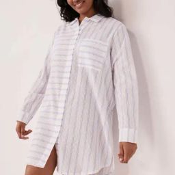 La Vie En Rose White Cotton Striped Night Shirt-image-45