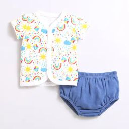 Nino Bambino Kids White & Dark Blue Printed Jhabla with Bloomers-picture-1