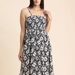 Moomaya Black & White Floral Print A Line Dress With Shrug-image-104