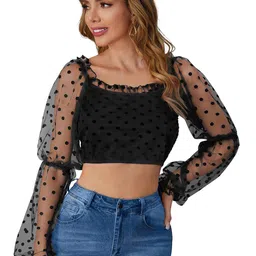 Sanwariya Silk Womens Polka Dot Print Puff Sleeve Top-image-51