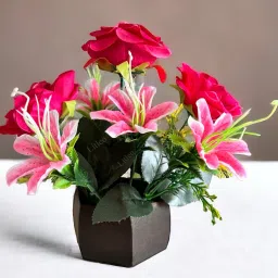 Floral Arrangement with Wooden POt Pink Rose, Lily Artificial Flower with Pot-image-25