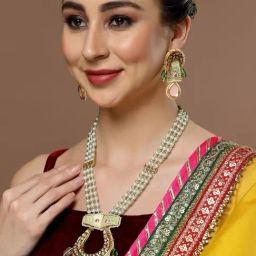 Dugran By Dugristyle Pink & Green Necklace and Earring Set with Kundan and Pearls-image-53