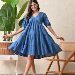 DECKEDUP Blue Solid Short Sleeves Dress-image-84