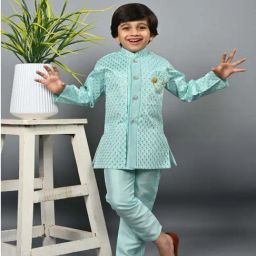 Ahhaaaa Kids Aqua Blue Embellished Full Sleeves Sherwani Set-image-99