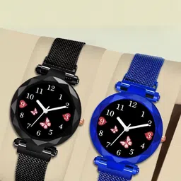 LAKSH Unisex Pack of 2 Dial & Leather Straps Analogue Watches Mag Flower BLK+BlueWS-picture-47