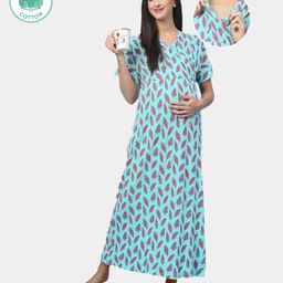 ECOMAMA Organic Cotton & Bamboo Antimicrobial Half Sleeves Maternity Nighty Leafy Print - Light Blue-image-28