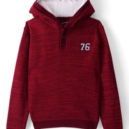 Pine Kids Acrylic Knit Full Sleeves Hooded Sweater With Embroidery - Maroon-image-51