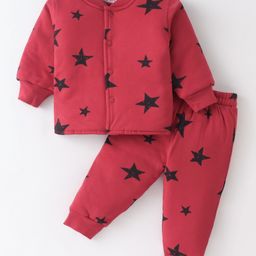 Doreme Interlock Padded Full Sleeves Winter Wear Suit Stars Print - Red-image-16
