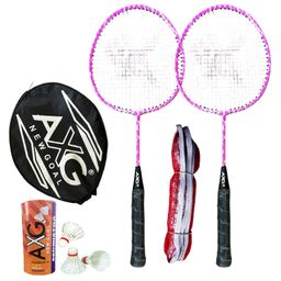 AXG Durable & Stylish Design 2 Racquets With 3 Feather Shuttles Net And Cover Badminton Kit (Pink)-15