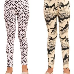 Kids Cave Pack Of 2 Cotton Jersey Abstract Design  & Heart Printed Leggings - White & Beige-picture-14