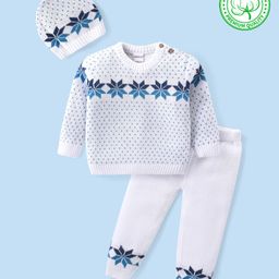 Babyhug Organic Cotton Knit Full Sleeves Sweater Set & Cap with Floral Design - Off White-image-87