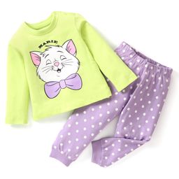 Babyhug Disney Single Jersey Full Sleeve Night Suit With Marie Graphics - Green & Purple-image-10