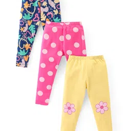 Babyhug Cotton Lycra Knit Full Length Stretchable  Leggings with Polka Dots & Floral Print Pack of 3 - Multicolour-picture-30