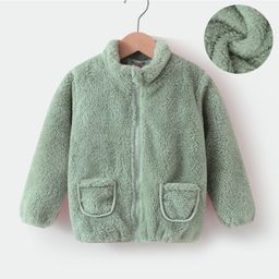 Kookie Kids Full Sleeves Front Open High Neck Fur Winter Jacket With Pockets Detailing - Green-image-67