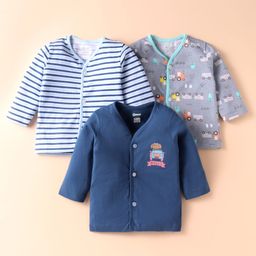 OHMS Single Jersey Knit Full Sleeves Front Open Vests With Vehicle Print Pack of 3 - Navy Blue Grey & White-image-55