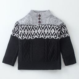 Yellow Apple Knit Full Sleeves Pullover with Cable Knit & Aztec Design- Black-picture-13
