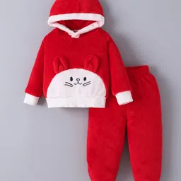 Kookie Kids Full Sleeves Hooded Winter Wear Suit With Animal Applique - Red & White-picture-49