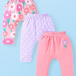 Babyhug Interlock Full Length Diaper Leggings With Floral Print Pack Of 3 - Pink & Lavender-picture-15