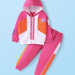 Babyhug Terry Knit Full Sleeves Cut & Sew Hooded Sweatjacket & Joggers Set with Patch - Dark Pink-image-84