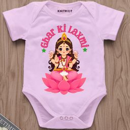 KNITROOT Diwali Theme Half Sleeves Ghar Ki Laxmi Text Printed Onesie - Pink-picture-42