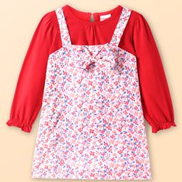 Babyhug Cotton Woven Floral Printed Frock With Full Sleeves Inner Tee - Red & White-picture-23