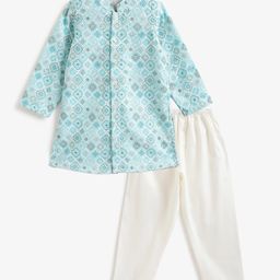 Campana Full Sleeves Floral Printed Embroidered Kurta Pyajama Set - Light Blue & White-image-79
