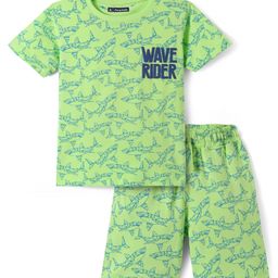 Pine Kids Single Jersey Knit Half Sleeves T-Shirt & Shorts Set with Fish Print - Light Green-image-47