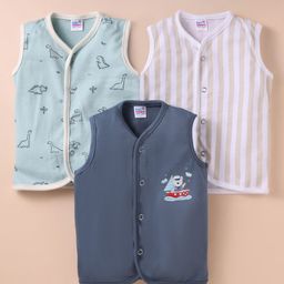 Ben Benny 100% Cotton Interlock Knit Sleeveless Front Open Jhablas with Stripes & Dino Print Pack of 3 - Navy Blue-image-73