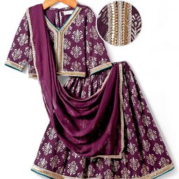 EARTHY TOUCH Woven Full Sleeves Foil Print Lehenga Choli & Dupatta Set with Lace Detailing -Wine-image-22