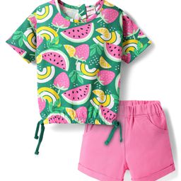 Babyhug Single Jersey Knit Half Sleeves Fruits Printed Top & Shorts Set - Green & Pink-image-86