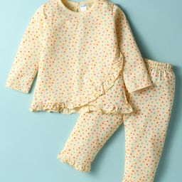 Tango Single Jersey Knit Full Sleeves Co-ords Night Suit with Floral Print & Frill Detailing - Yellow-image-74