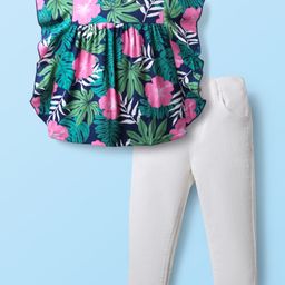 Babyhug Rayon Knit Flutter Sleeves Top & Denim Jeans Set With Floral & Leaf Print - Navy Blue & White-image-96