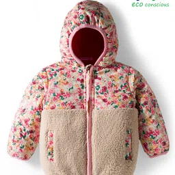 Babyoye Woven Full Sleeves Hooded Padded Jacket With Floral Print & Fur Detailing - Multicolor-picture-13