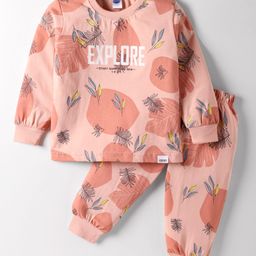 Teddy Sinker Knit Full Sleeves Night Suit with Explore Text Print - Dark Peach-picture-12