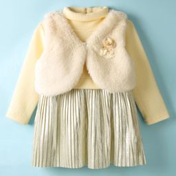 Little Kangaroos Woven Full Sleeves Solid Party Frock With Shrug - Cream-picture-23