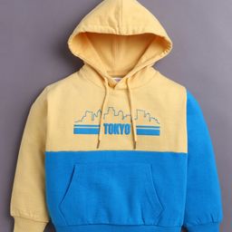 BUMZEE Cotton Blend Full Sleeves Cut & Sew Design Text Printed Hooded Sweatshirt With Kangaroo Pockets - Yellow-picture-34