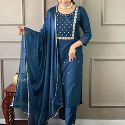 KAUTIK FABRICS Women Embroidered Regular Thread Work Kurta with Trousers & With Dupatta-picture-25