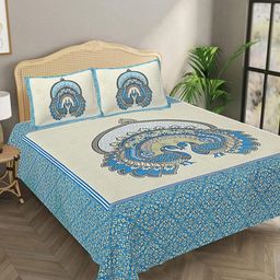 Bombay Spreads Blue & White Conversational 144 TC King Bedsheet with 2 Pillow Covers-image-35
