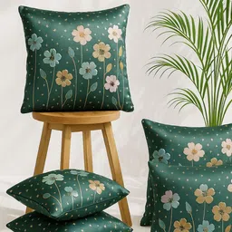 MFD HOME FURNISHING Blue & Cream-Coloured Set of 5 Floral Linen Square Cushion Covers-picture-48